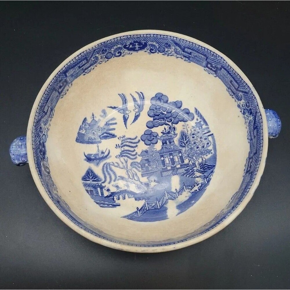 Antique, Ridgway, England, Blue Willow Serving Bowl W Handles 8inW x 3inT RARE